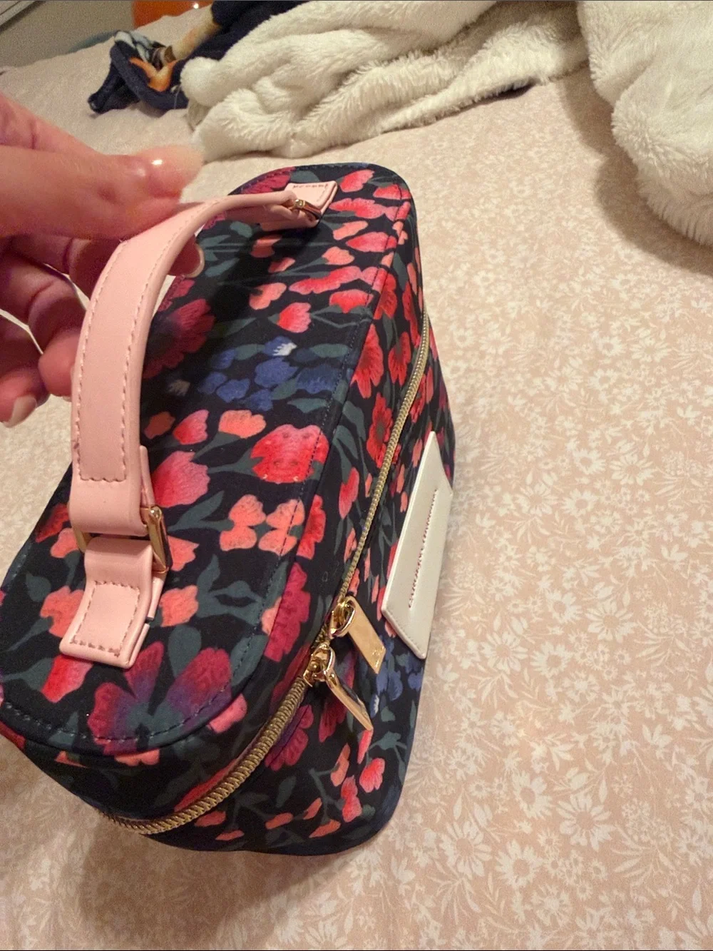Carolina Herrera Navy Floral Cosmetic Travel Case with Pink Trim